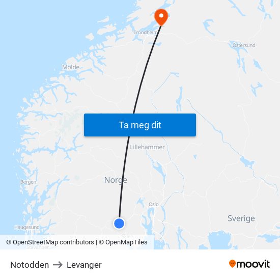 Notodden to Levanger map