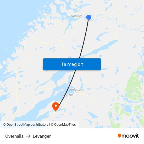 Overhalla to Levanger map