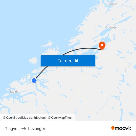 Tingvoll to Levanger map