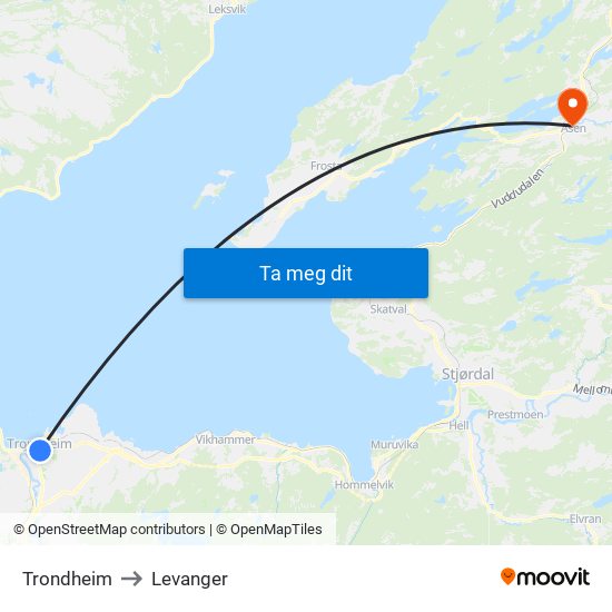 Trondheim to Levanger map