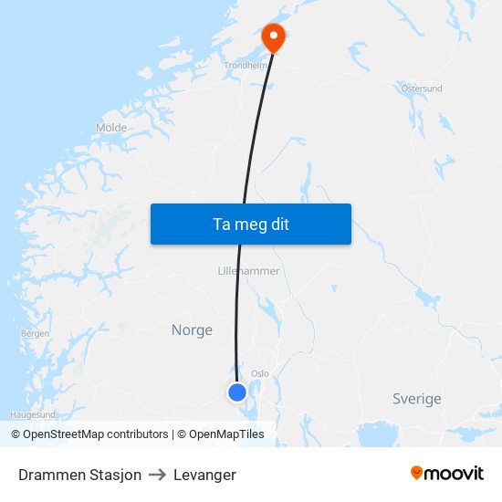 Drammen Stasjon to Levanger map