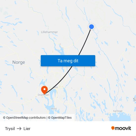 Trysil to Lier map