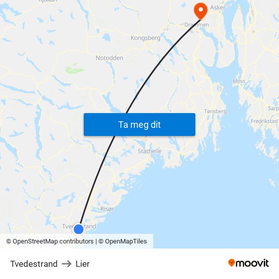 Tvedestrand to Lier map