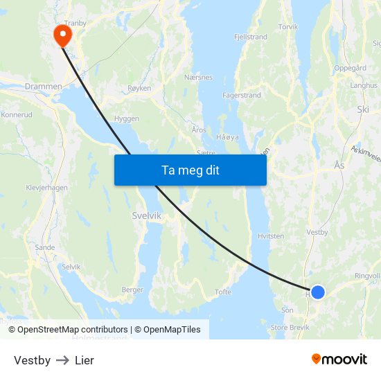 Vestby to Lier map