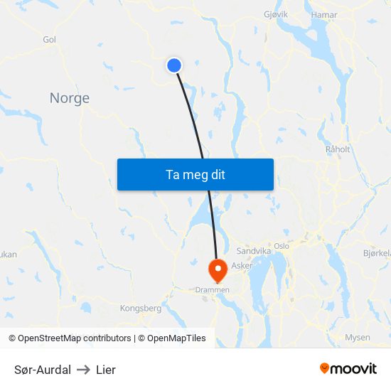 Sør-Aurdal to Lier map