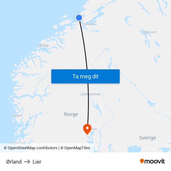 Ørland to Lier map