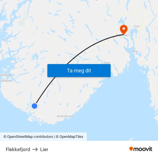 Flekkefjord to Lier map