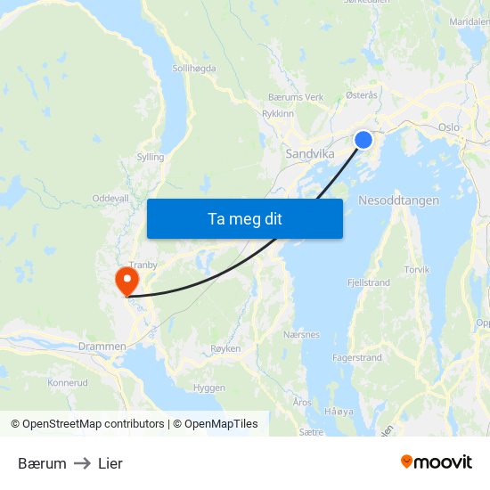 Bærum to Lier map