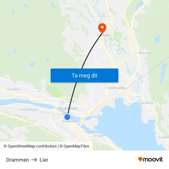 Drammen to Lier map