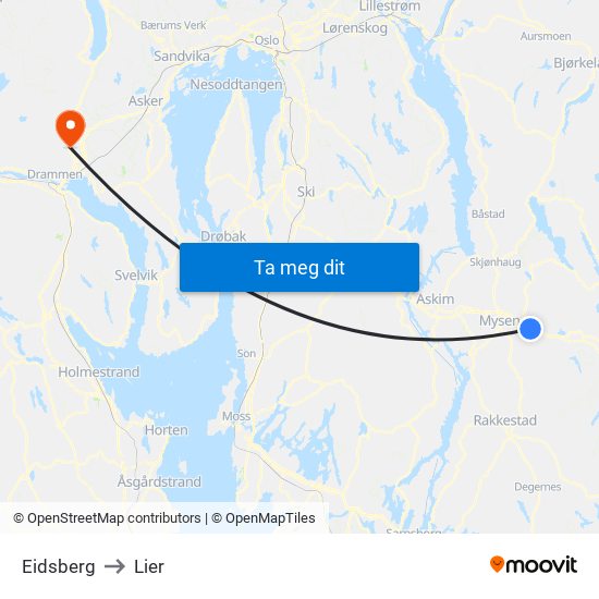 Eidsberg to Lier map