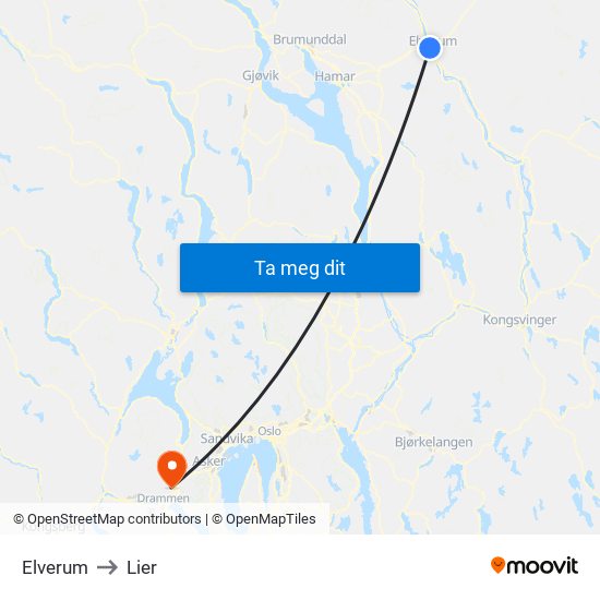 Elverum to Lier map