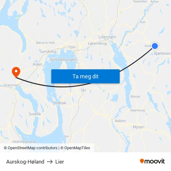 Aurskog-Høland to Lier map