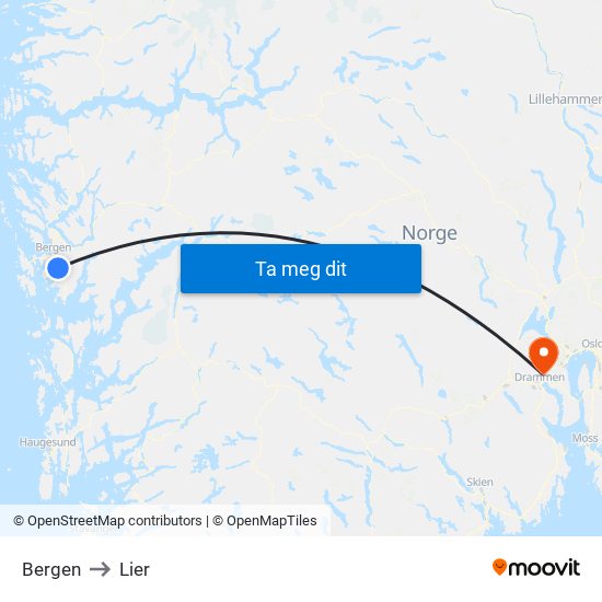 Bergen to Lier map