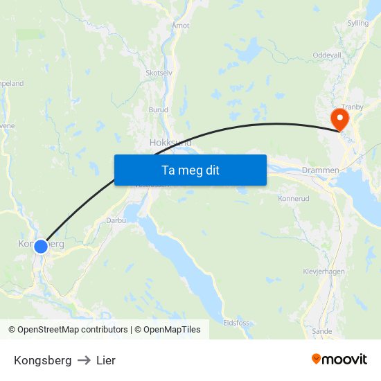 Kongsberg to Lier map