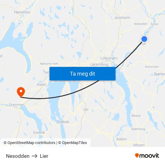 Nesodden to Lier map