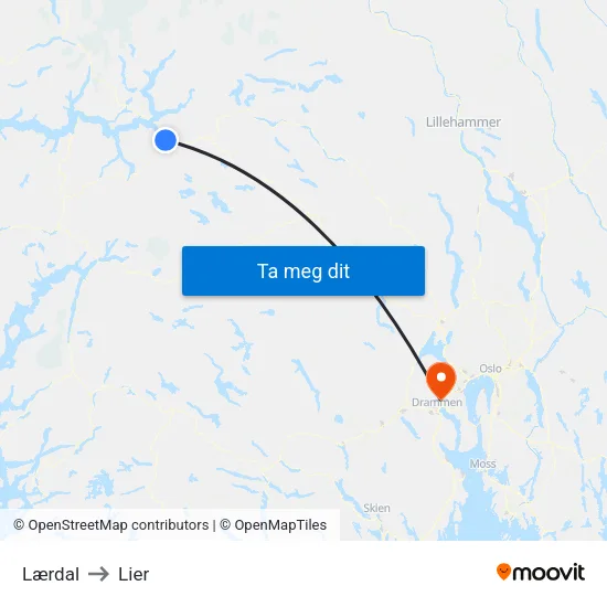 Lærdal to Lier map