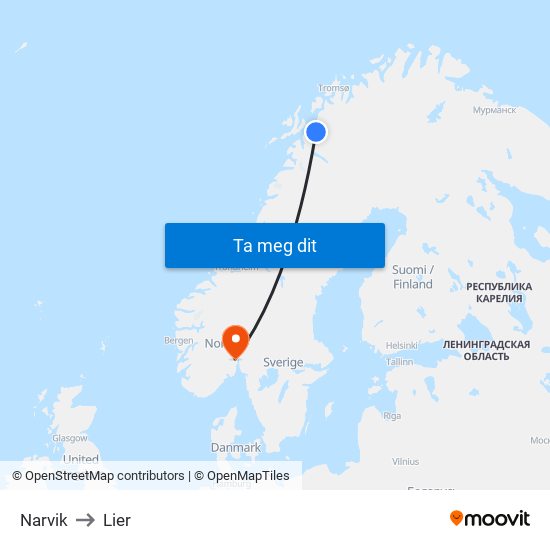 Narvik to Lier map