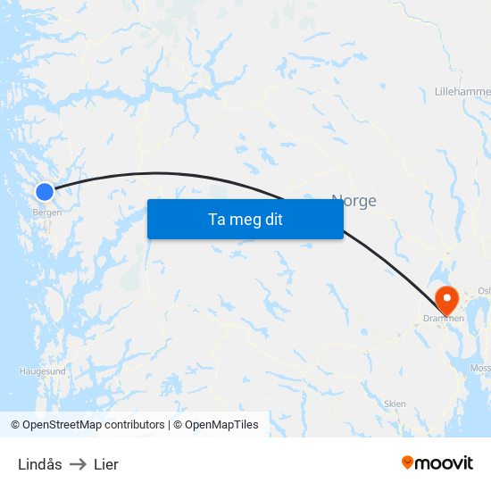 Lindås to Lier map