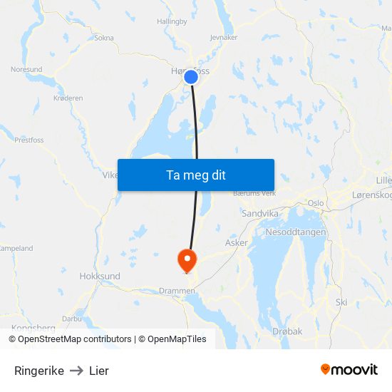 Ringerike to Lier map