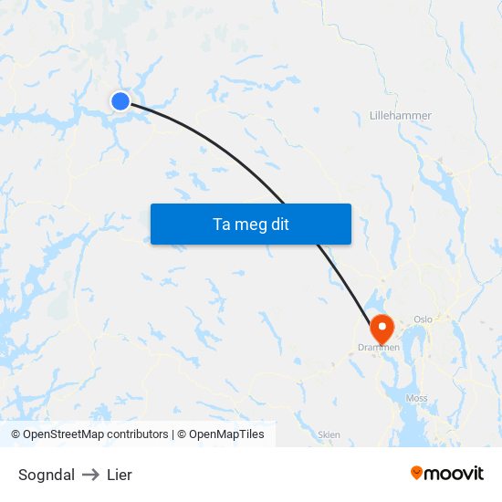 Sogndal to Lier map