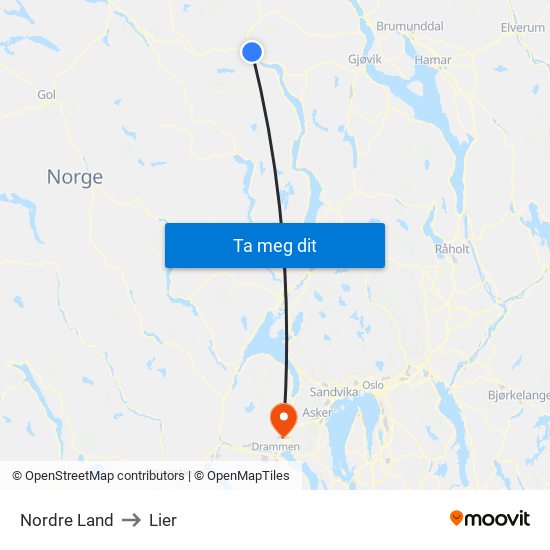 Nordre Land to Lier map