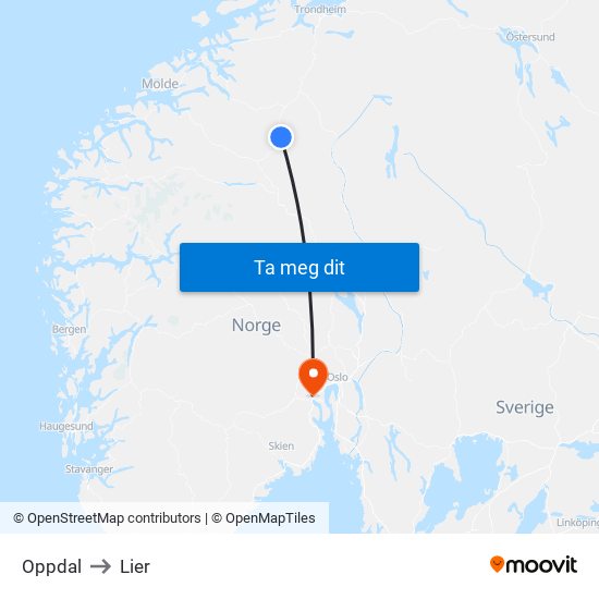 Oppdal to Lier map