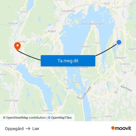 Oppegård to Lier map
