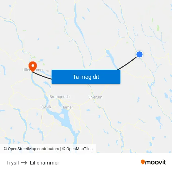 Trysil to Lillehammer map