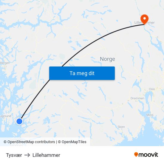 Tysvær to Lillehammer map