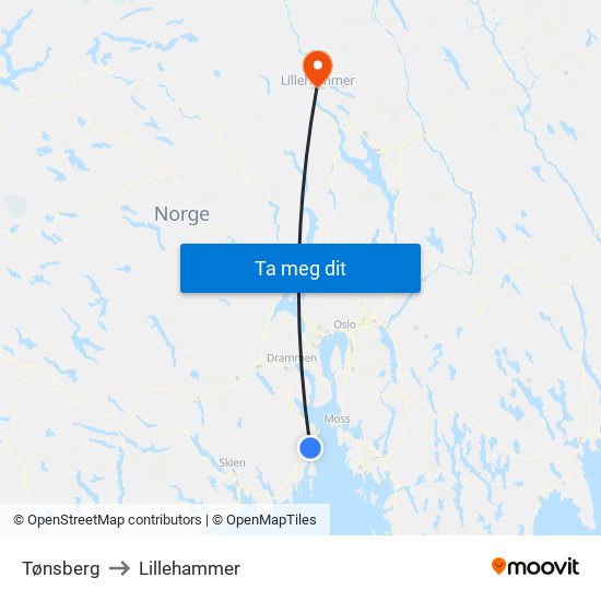 Tønsberg to Lillehammer map