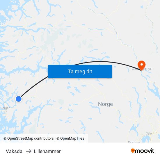 Vaksdal to Lillehammer map