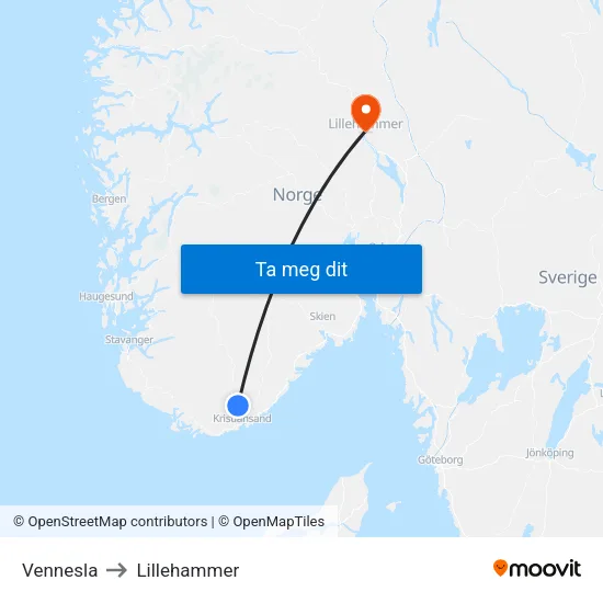 Vennesla to Lillehammer map