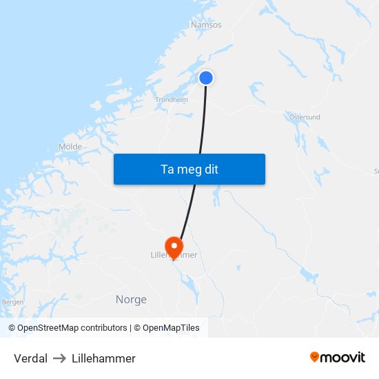 Verdal to Lillehammer map