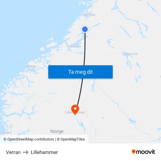 Verran to Lillehammer map