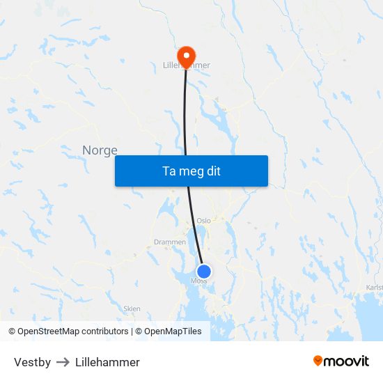 Vestby to Lillehammer map