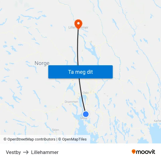 Vestby to Lillehammer map