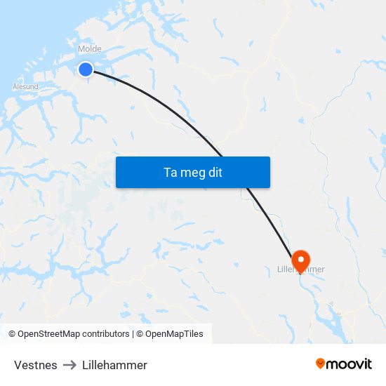 Vestnes to Lillehammer map