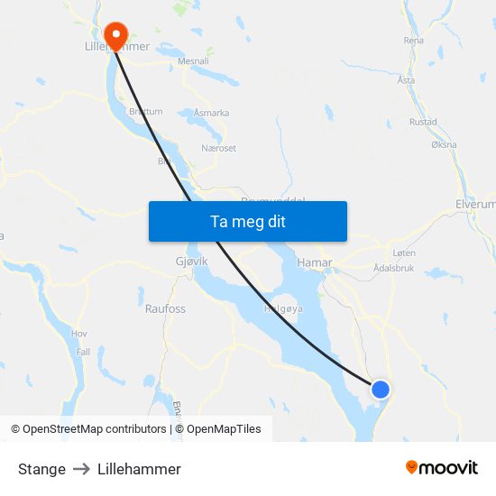 Stange to Lillehammer map