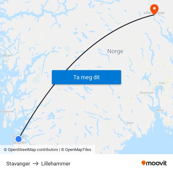 Stavanger to Lillehammer map