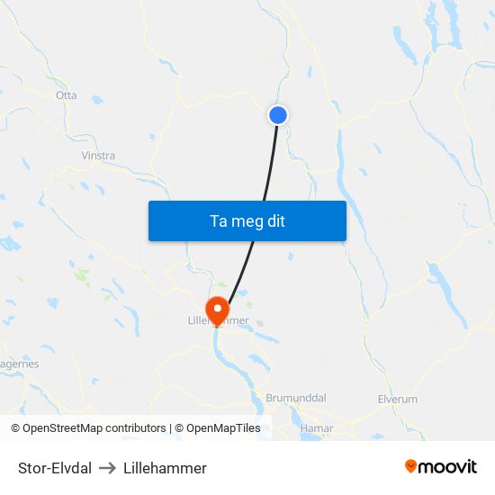 Stor-Elvdal to Lillehammer map