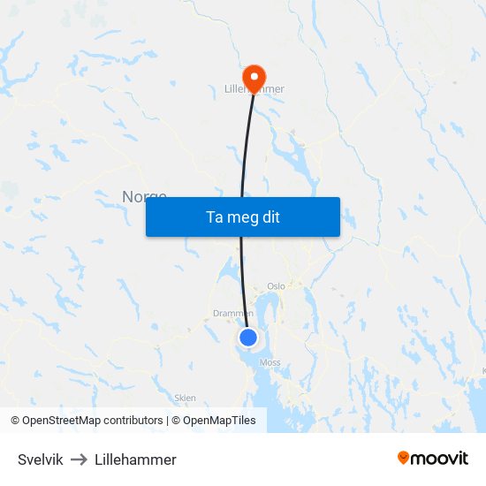 Svelvik to Lillehammer map