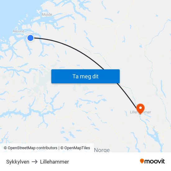 Sykkylven to Lillehammer map