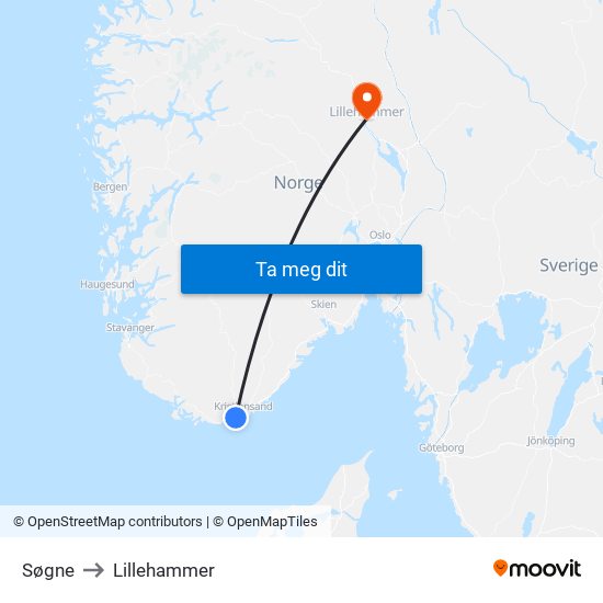 Søgne to Lillehammer map