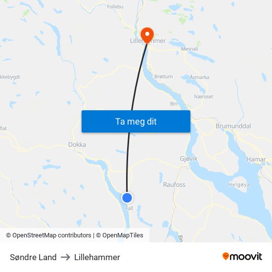 Søndre Land to Lillehammer map