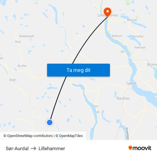 Sør-Aurdal to Lillehammer map