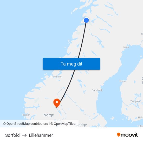 Sørfold to Lillehammer map
