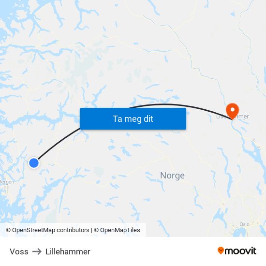 Voss to Lillehammer map