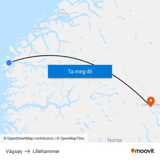 Vågsøy to Lillehammer map