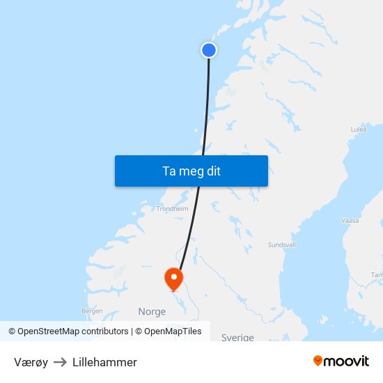 Værøy to Lillehammer map