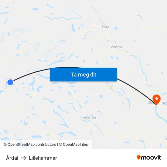 Årdal to Lillehammer map